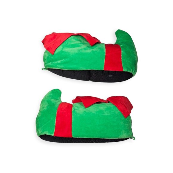 Elf-Themed Green & Red Plush Slippers Size M Women 8 / Men 6 - Picture 2 of 6